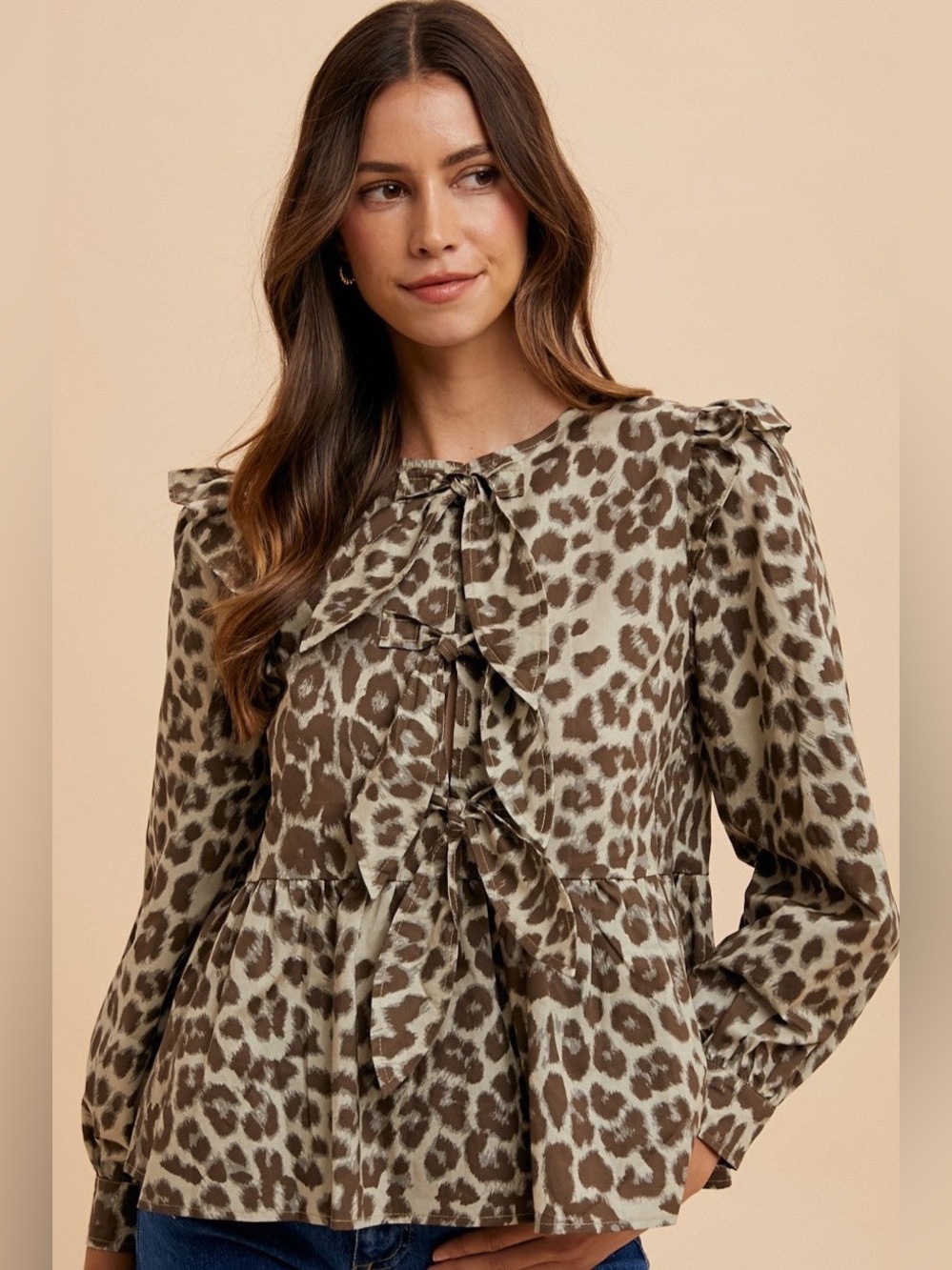 Annie Wear Leopard Print Tie Front Peplum Blouse Brown Cream Women Size XL - Picture 1 of 14